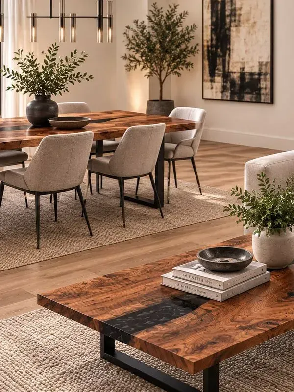 Warm modern dining room with beige chairs, wood table, indoor plants, and abstract wall art