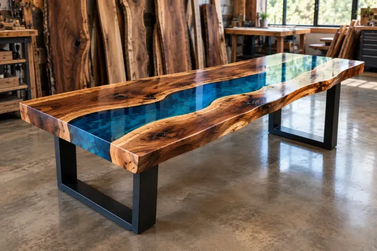 Live-edge wood dining table with a blue resin center and black metal legs in a workshop setting