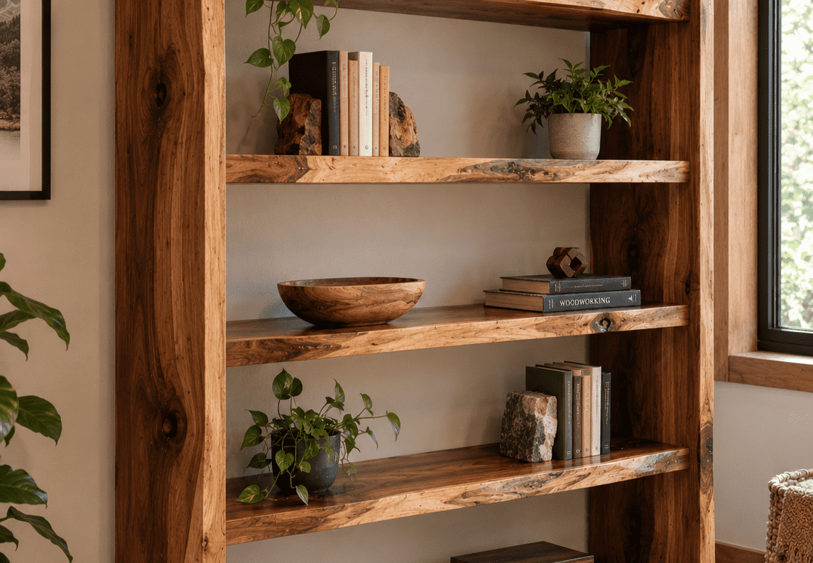 Rustic wooden bookshelf with plants, bowls, and decor in a bright room near a window