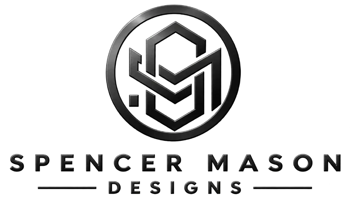 Spencer Mason Designs logo with geometric black monogram and text on white background