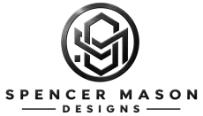 Spencer Mason Designs logo with geometric black monogram and text on white background