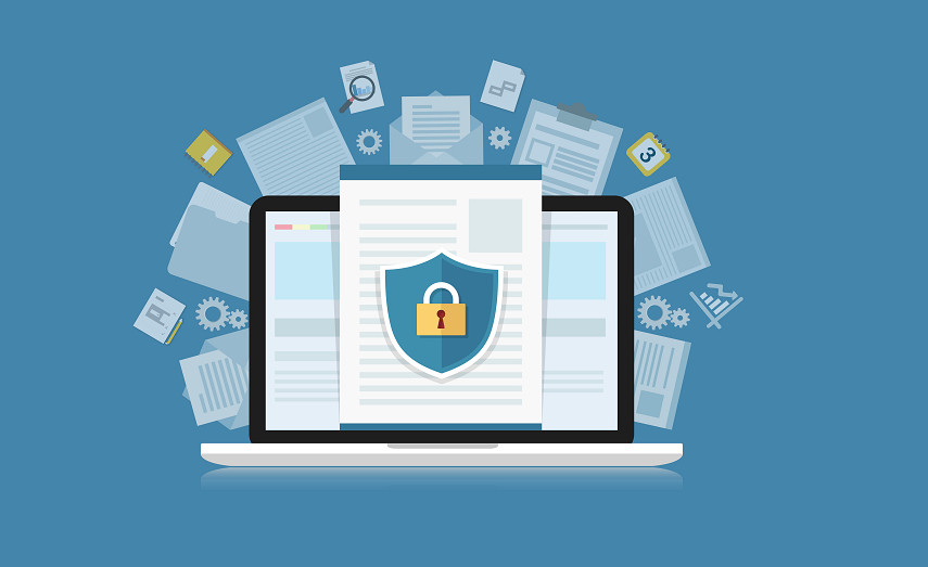 Laptop exibindo um documento seguro com escudo e cadeado, cercado por papéis espalhados, fundo azul.