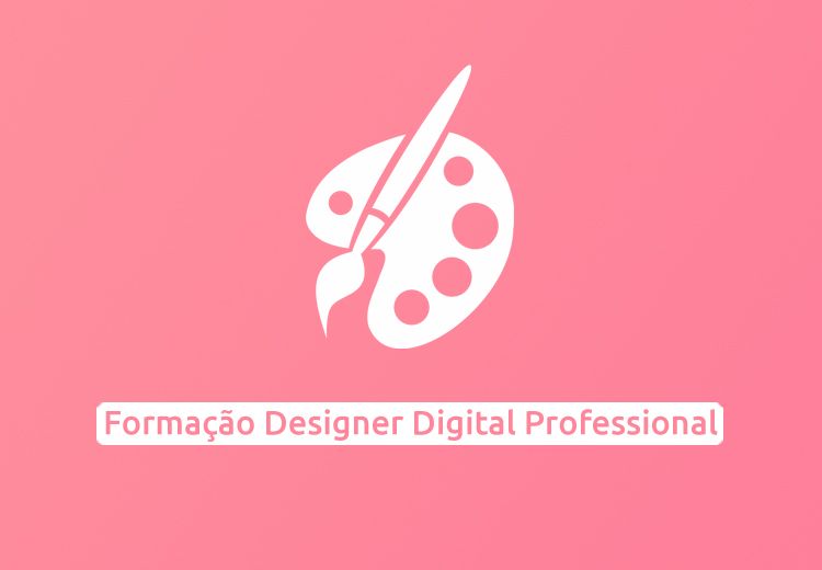 Ícone de pincel e paleta brancos sobre fundo rosa. O texto diz