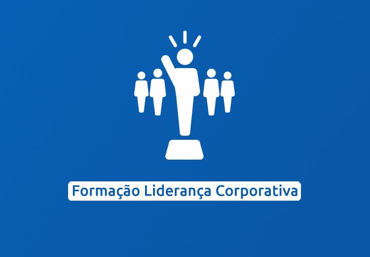 Ícone branco de um líder sobre um pedestal com o braço levantado e equipe ao redor em um fundo azul