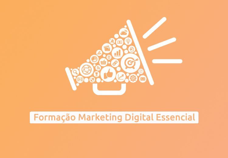Megafone branco repleto de ícones de marketing, com o texto