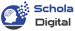 Logotipo da Schola Digital: perfil de cabeça azul, contorno de cérebro e texto