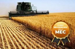 Colheitadeira colhendo trigo em um campo; tons de laranja, selo de curso reconhecido pela MEC.