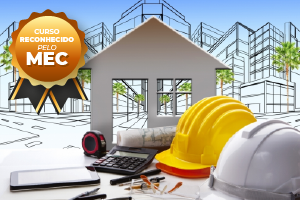 Construction course advertisement: yellow and white hard hats, calculator, blueprint, MEC seal, and building sketch.
