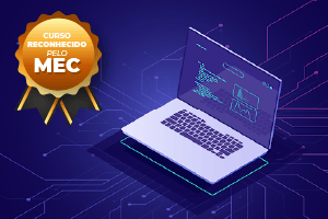 Laptop com código na tela. Crachá de acreditação MEC dourado. Fundo azul com circuito.