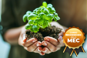 Mãos segurando terra com uma planta, com um distintivo