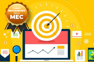 Curso reconhecido pela MEC: laptop com alvo, tabelas de dados, lupa e crachá.