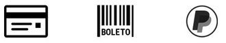 Opções de pagamento: cartão de crédito, código de barras (boleto) e logotipo do PayPal.