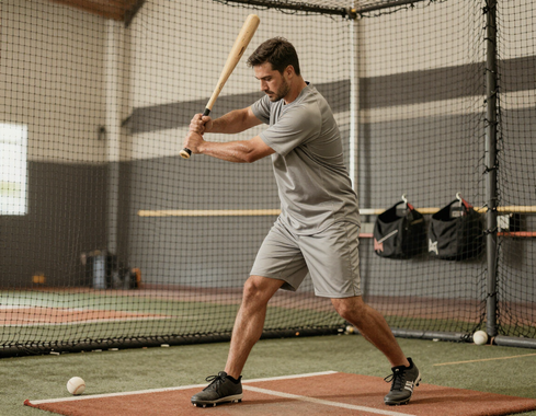 Athlete swinging a bat in a cage