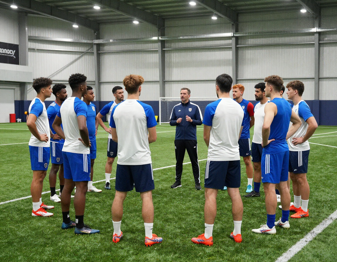 Team gathered on turf during practice