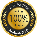 A gold and black satisfaction guaranteed badge