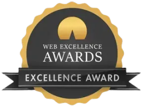 A black and gold web excellence award emblem