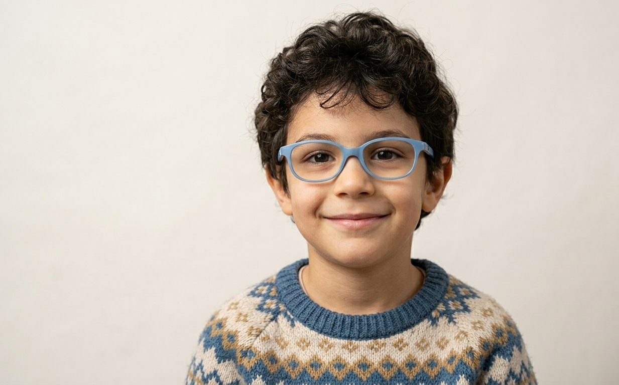 Bambina sorridente con capelli scuri e ricci e occhiali blu, che indossa un maglione blu a fantasia su uno sfondo chiaro.