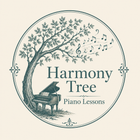 Harmony Tree Piano Lessons logo with a tree growing from a piano, musical notes, in muted green and beige.