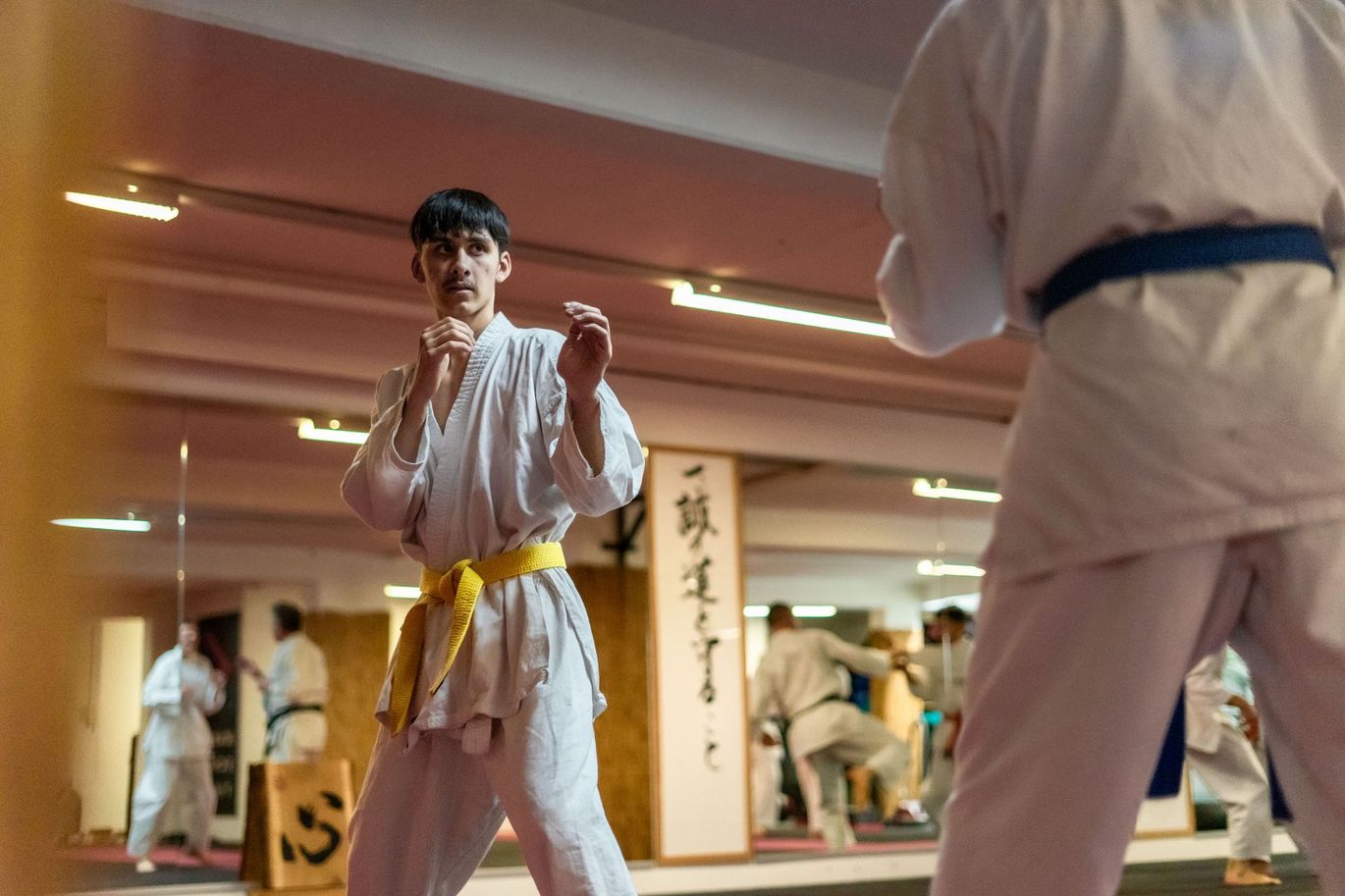 Karateka Gelbgurt in Kampfhaltung