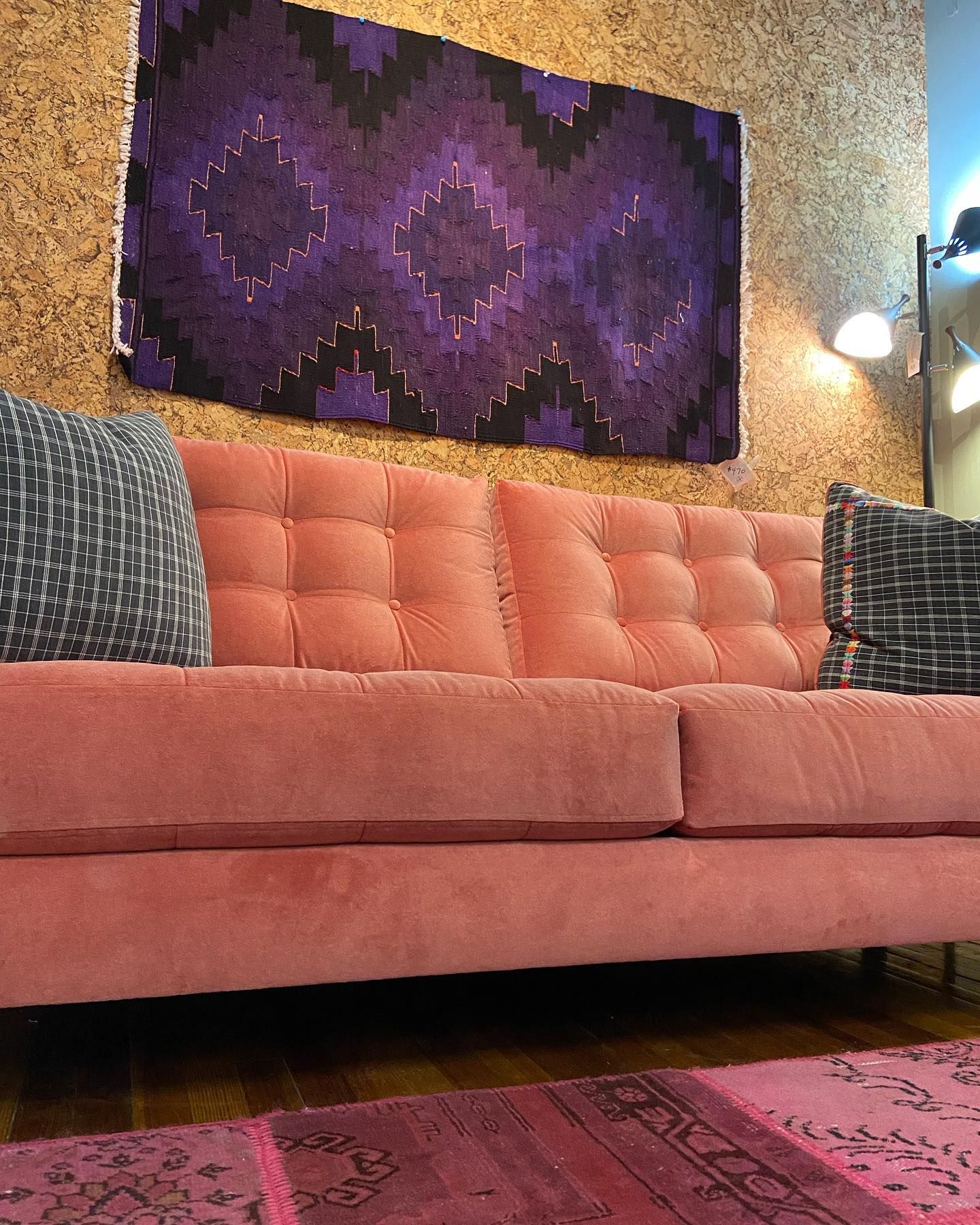 Pink velvety couch for sale at Eagles' Rest Natural Mattresses and Furniture inLawrence, Kansas.