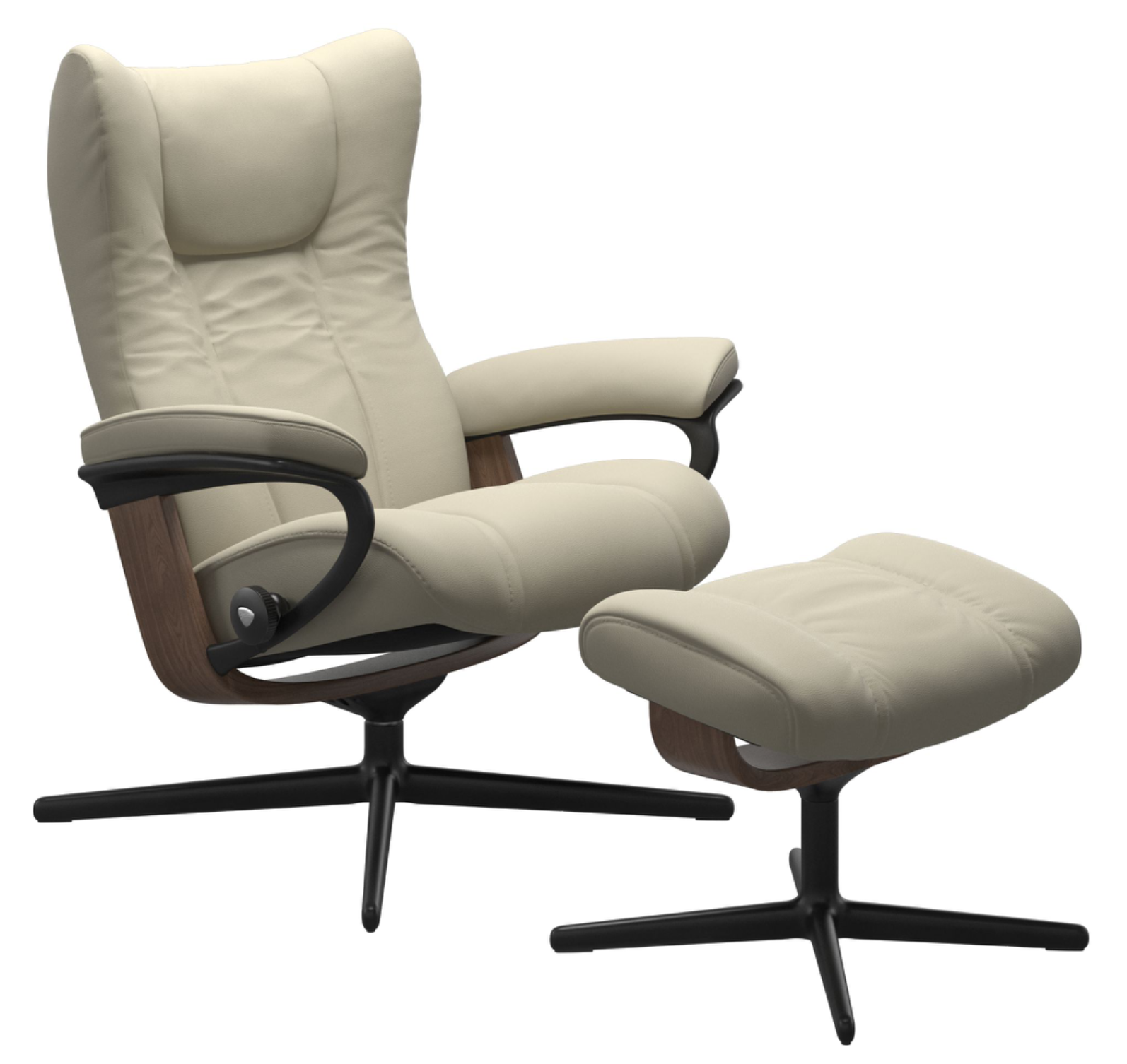 White Ekornes Stressless Recliner that is white with criss cross base.