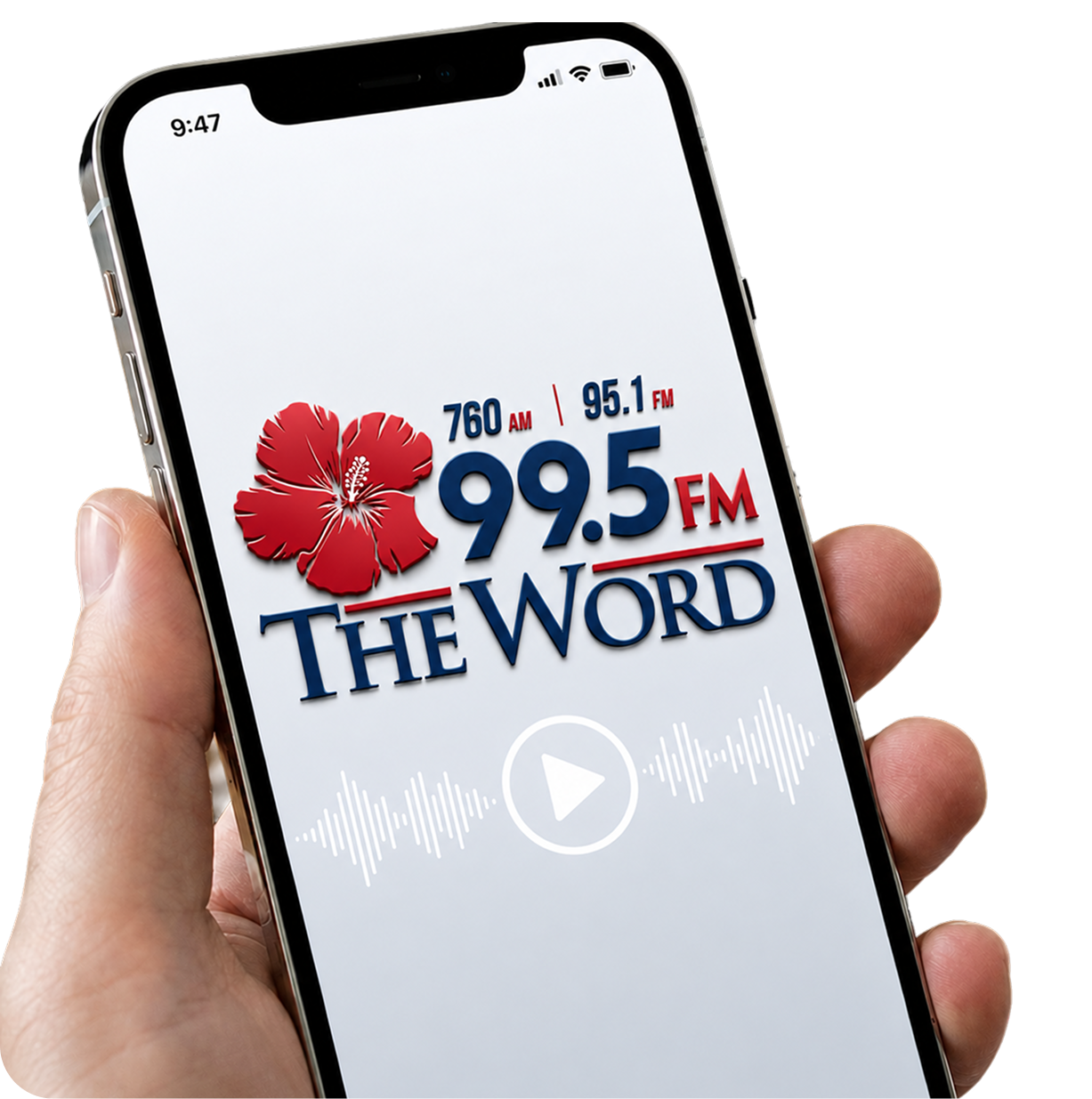Hand holding smartphone showing The Word FM radio station logo and play icon