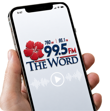 Hand holding smartphone showing The Word FM radio station logo and play icon