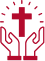 Red cross over open hands holding a circuit board icon on a white background