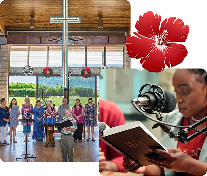Choir singing in a church, with a person reading from a book into a microphone, and a red hibiscus flower overlay