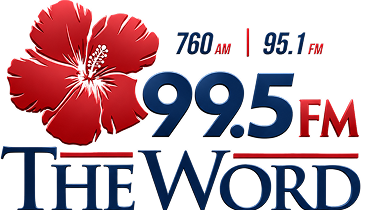 Logo for 99.5 FM The Word with red hibiscus and blue text, showing 760 AM and 95.1 FM