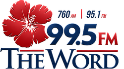 Logo for 99.5 FM The Word with red hibiscus and blue text, showing 760 AM and 95.1 FM