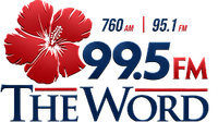 The WORD 99.5 FM radio station logo with a red flower and blue text