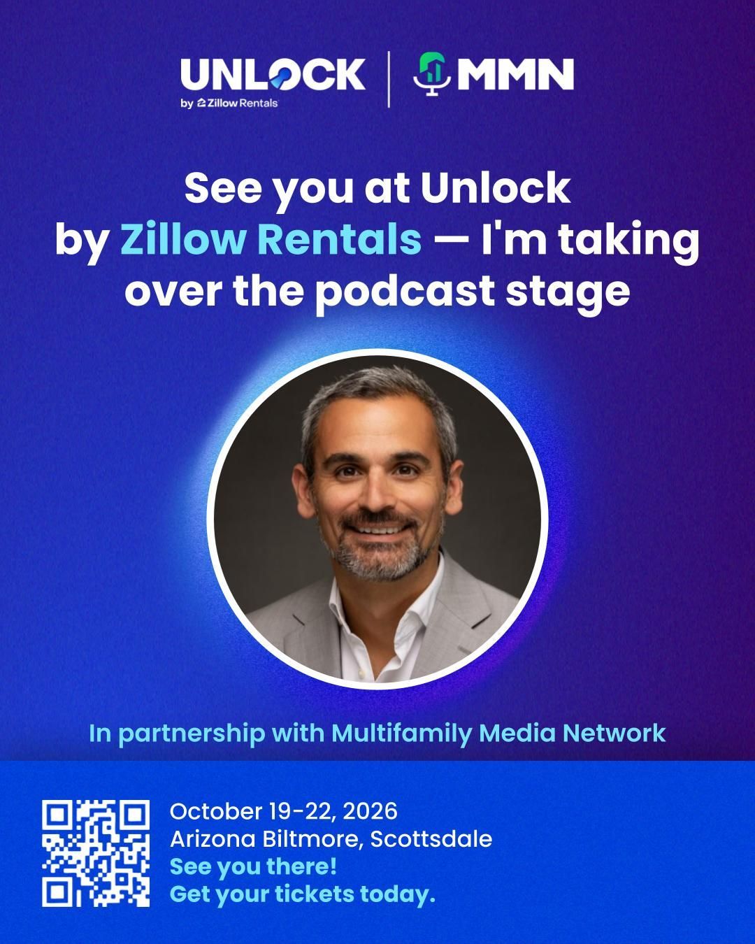 Podcast stage promo for Unlock by Zillow Rentals with speaker portrait and event details on purple background