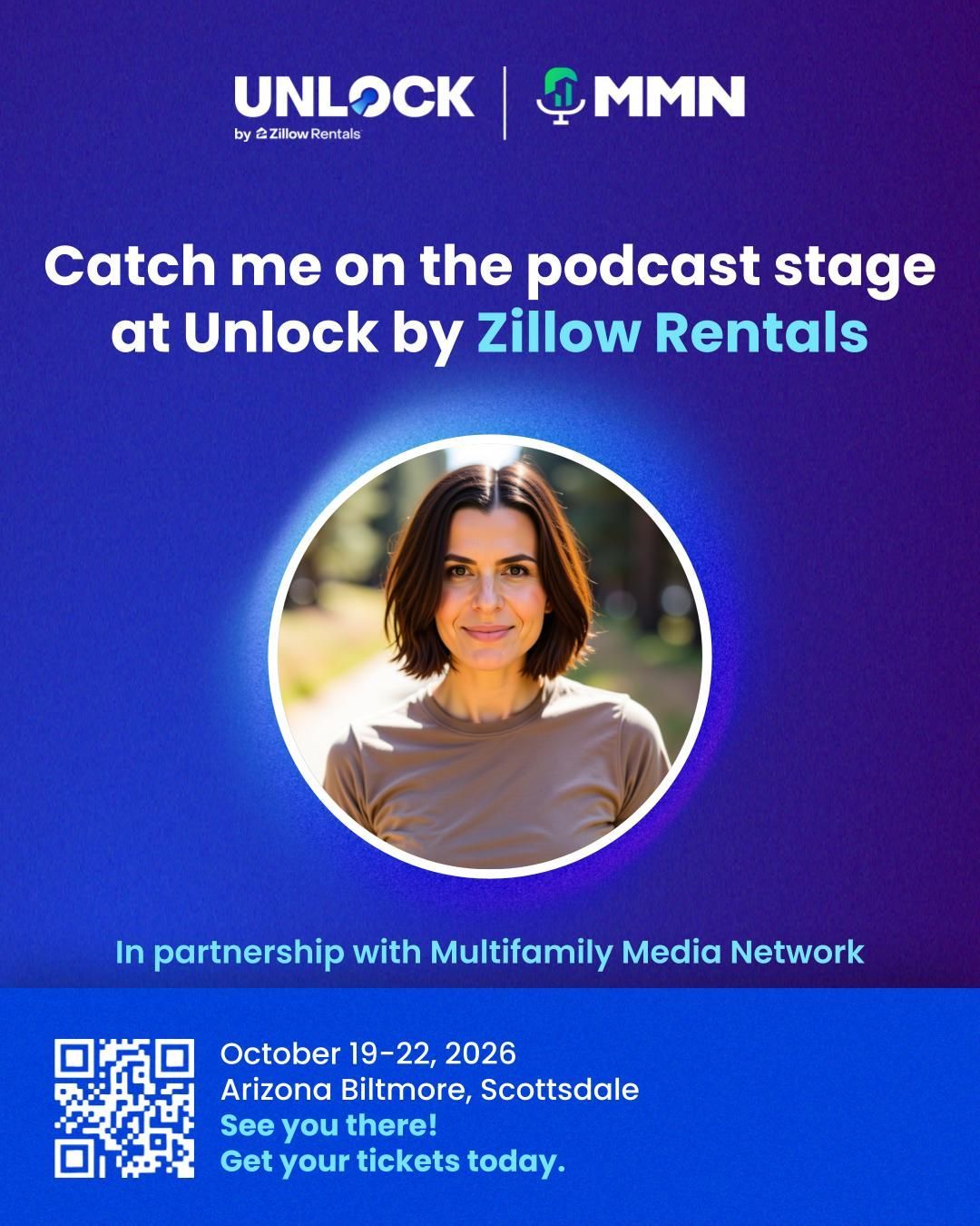 Podcast stage promo for Unlock by Zillow Rentals with a speaker portrait and event details on a purple background