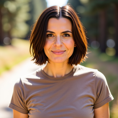 Woman with brown hair wearing a brown tshirt