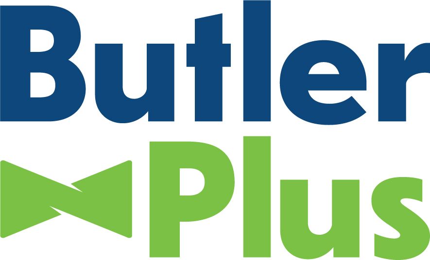 Butler Plus logo with blue and green text and a green arrow icon