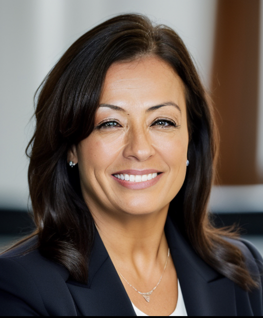 Woman with dark hair smiles, wearing a black blazer and necklace.