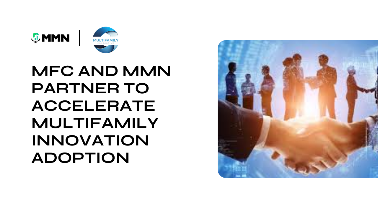 text stating partnership to accelerate multifamily innovation adoption with silhouetted business people shaking hands.