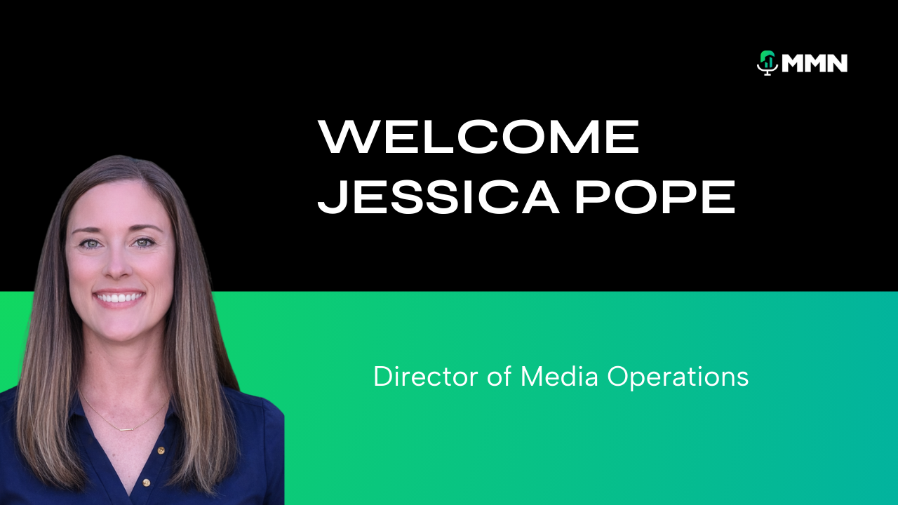 Jessica Pope smiling; welcoming graphic with