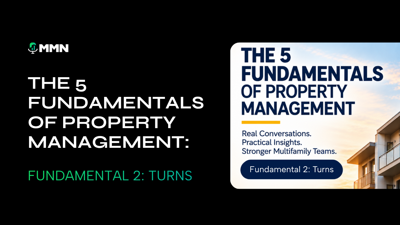 Black poster on the 5 fundamentals of property management, with blue-and-white title card on the right.