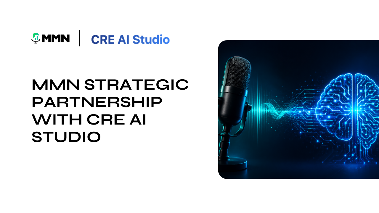MMN Strategic Partnership with CRE AI Studio, featuring a microphone and glowing blue AI brain graphic