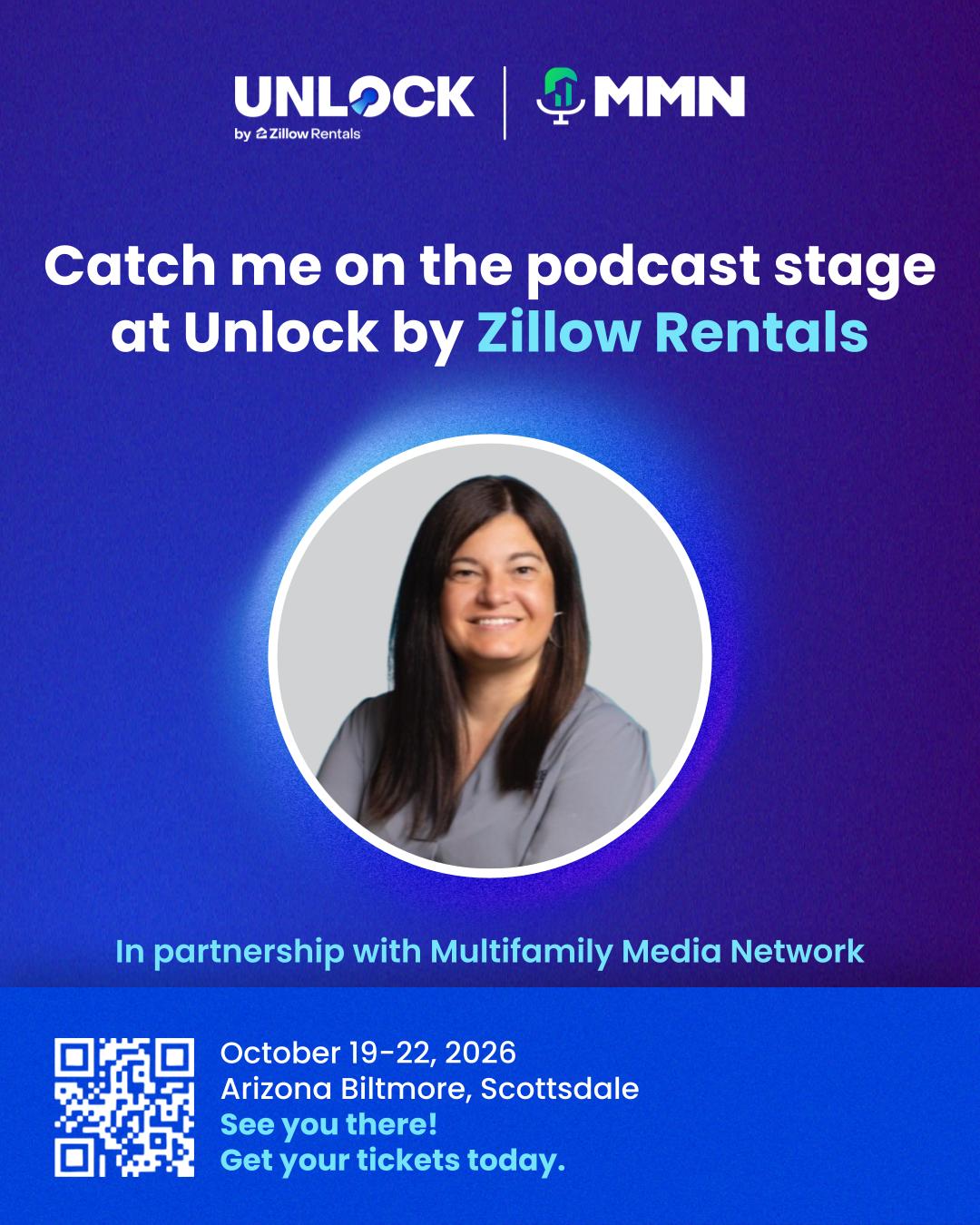 Podcast promo for Unlock by Zillow Rentals, featuring a woman’s portrait on a purple background with event details and QR code