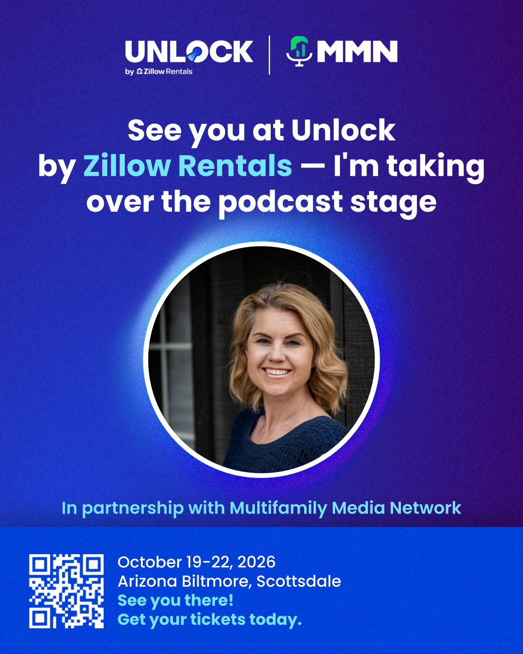 Unlock by Zillow Rentals event poster with a smiling speaker portrait, date, location, and QR code.