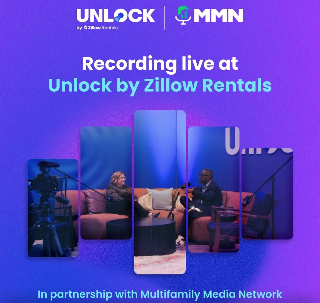 Purple promotional graphic for Unlock by Zillow Rentals recording live with Multifamily Media Network, showing studio panelists and cameras