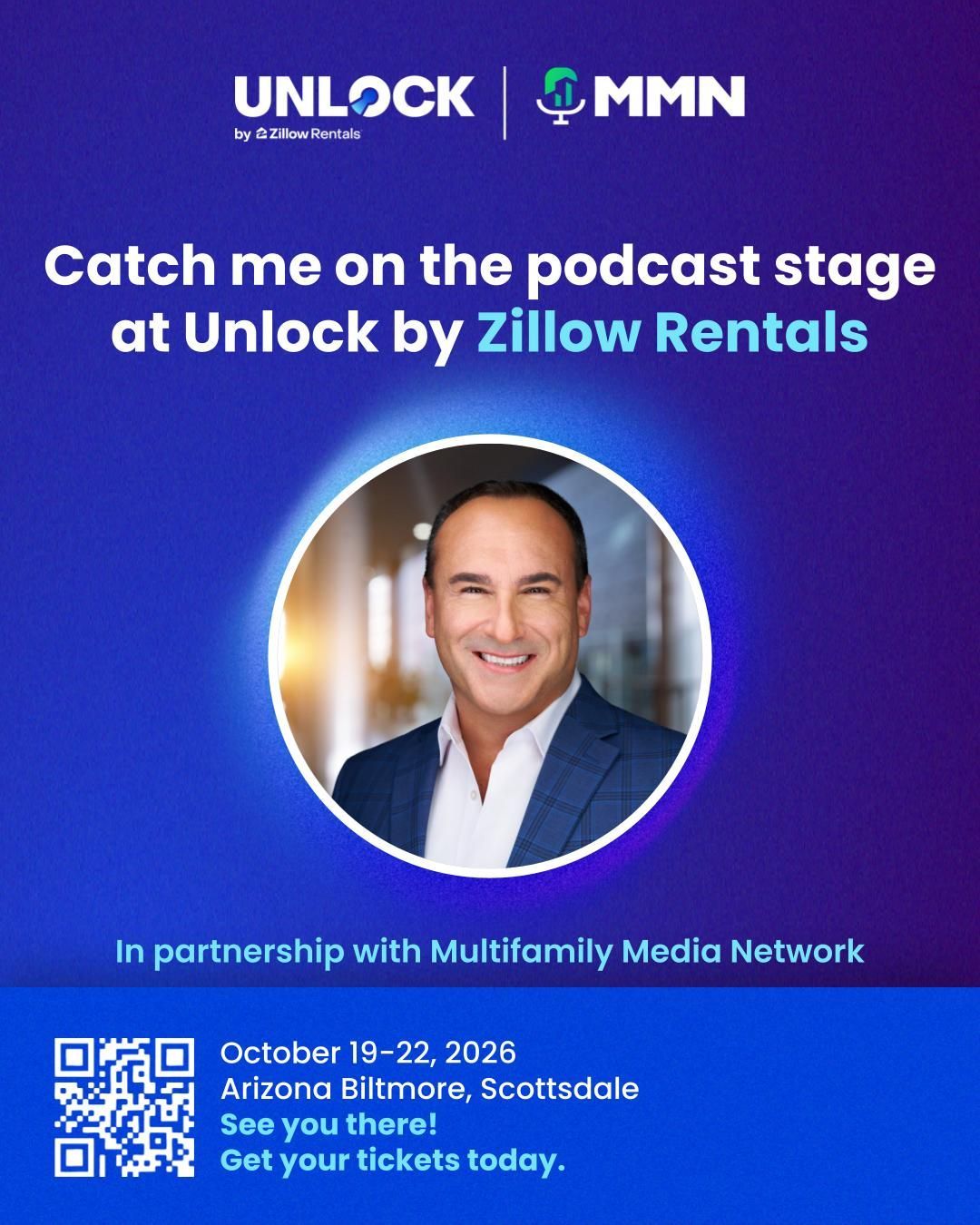 Podcast stage promo for Unlock by Zillow Rentals with speaker portrait and event details on purple background