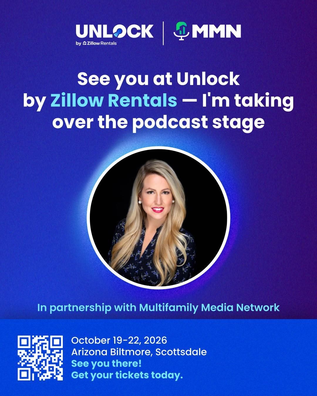 Unlock by Zillow Rentals event poster with a smiling speaker portrait, date, location, and QR code.