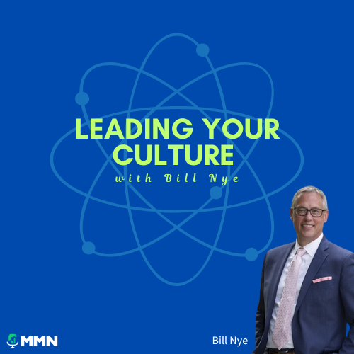 Podcast cover: Bill Nye smiling, titled "Leading Your Culture," with an atom symbol. Blue background.
