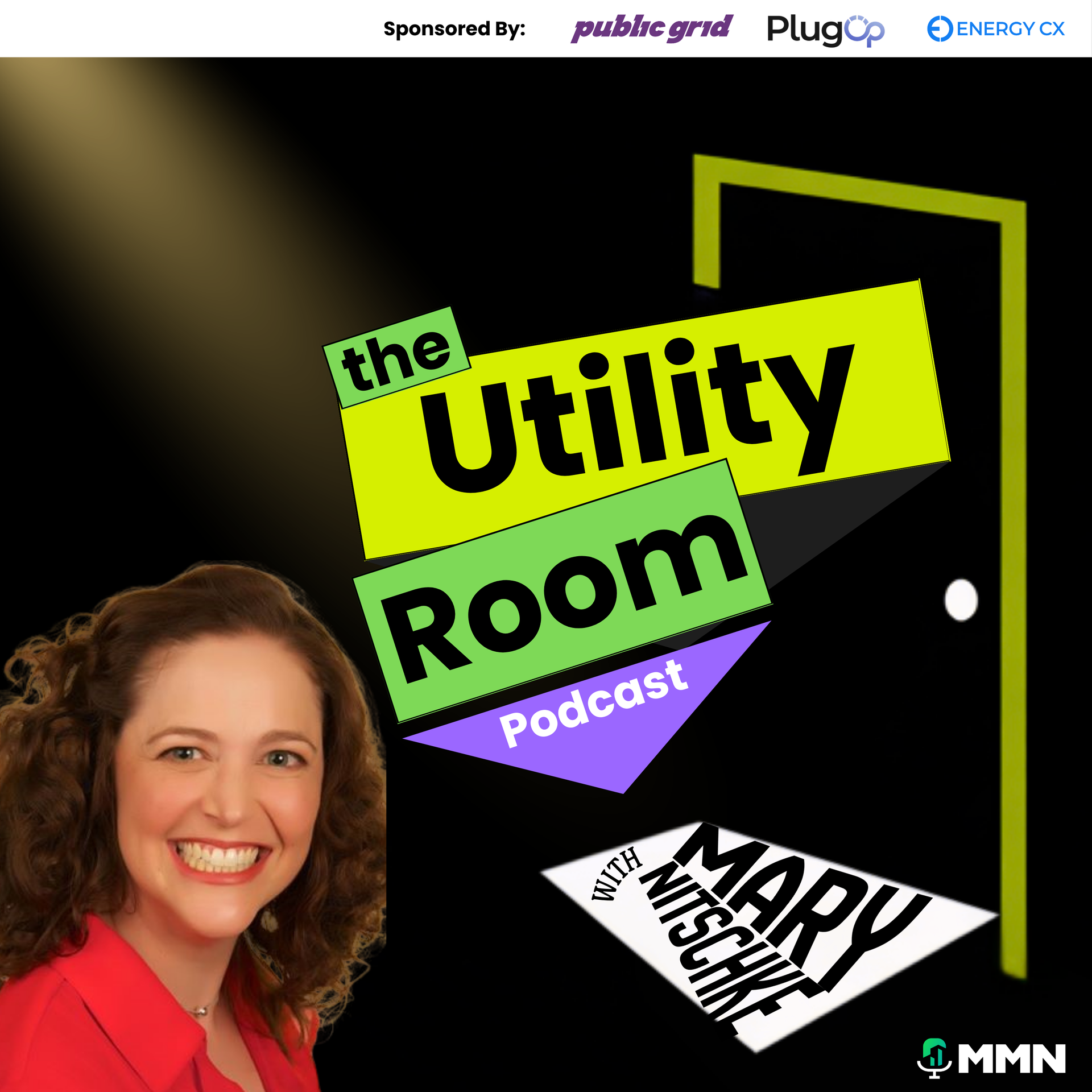 Podcast cover: Smiling woman in red shirt,