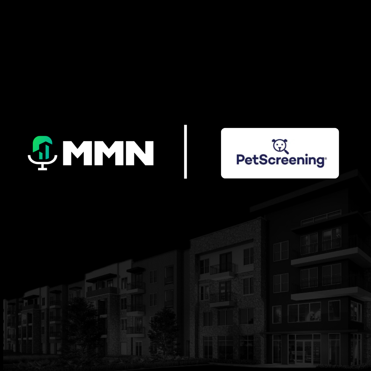 MMN and PERQ logos on a dark background with a faint apartment building silhouette