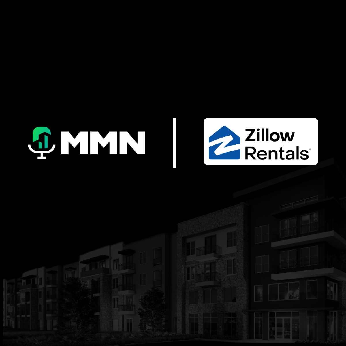 MMN and Zillow Rentals logos over a dark apartment building background